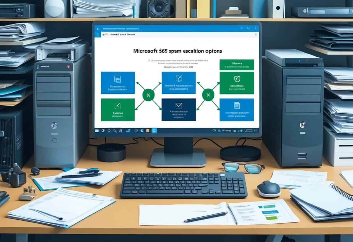 A desk cluttered with computer equipment and paperwork, with a computer screen displaying Microsoft 365's spam escalation options