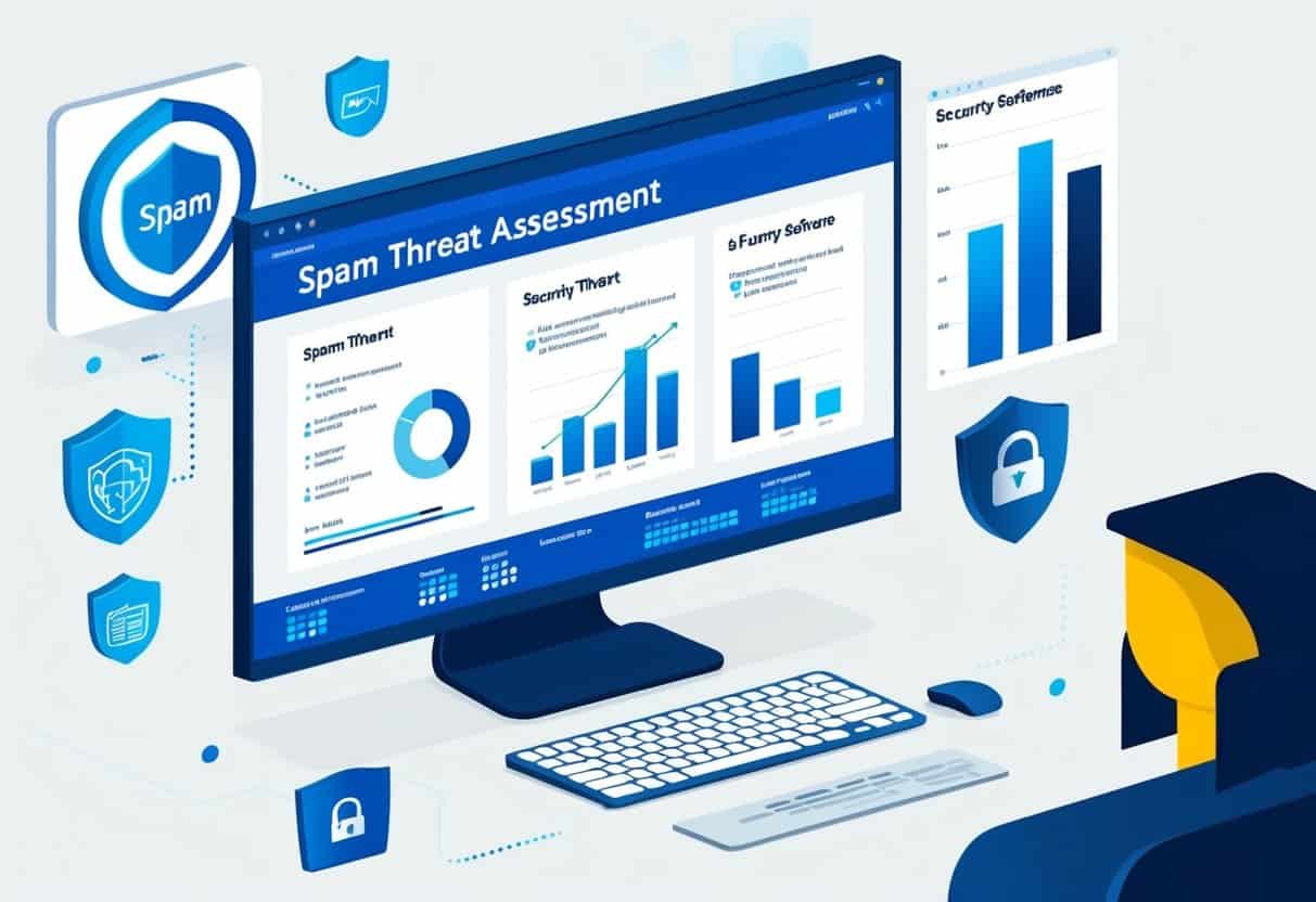 A computer screen displaying a detailed analysis of spam threat assessment, surrounded by security software icons and data charts