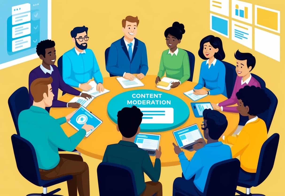 A group of diverse individuals engage in a training session on content moderation, discussing and learning about the ABCs of the process