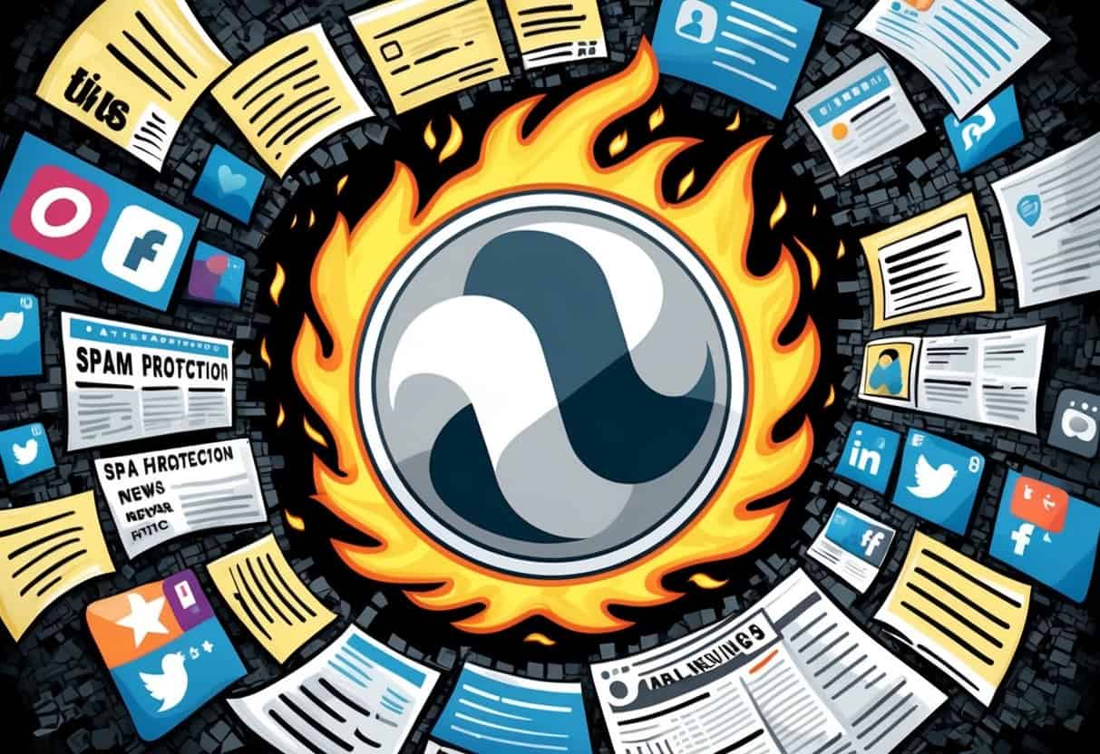 A company logo engulfed in flames, surrounded by a chaotic swirl of negative social media posts and news headlines