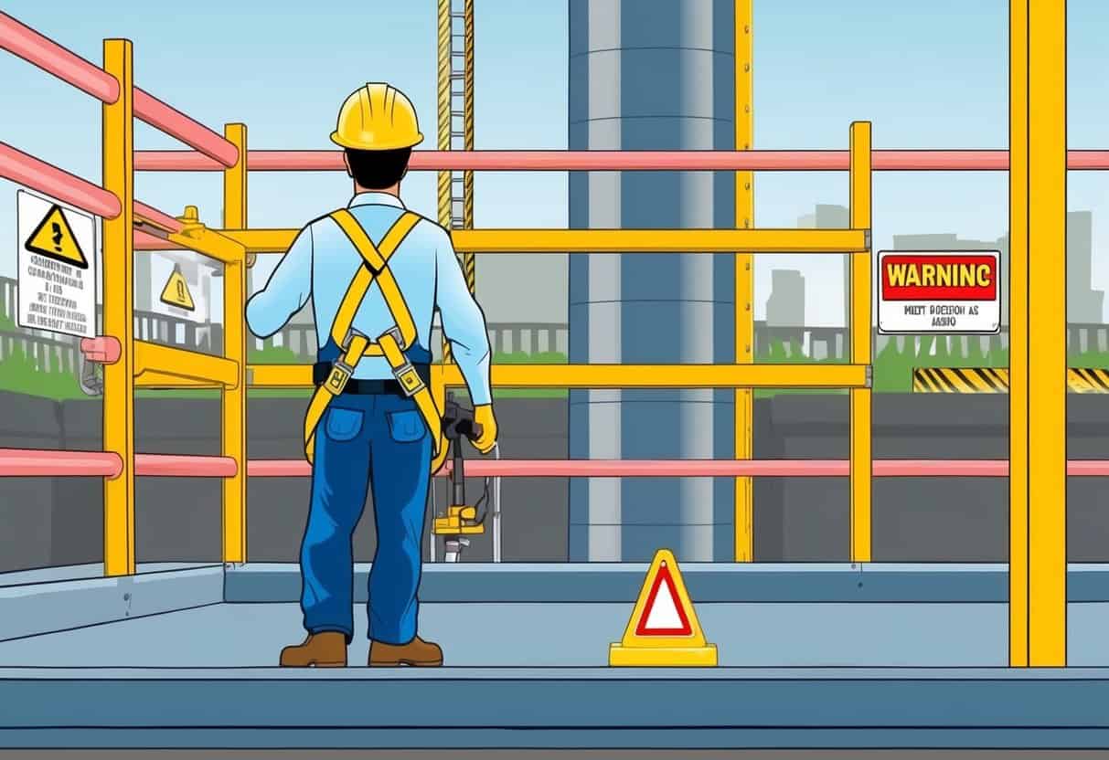 A construction worker wearing a hard hat and safety harness, inspecting a sturdy platform with guardrails and warning signs