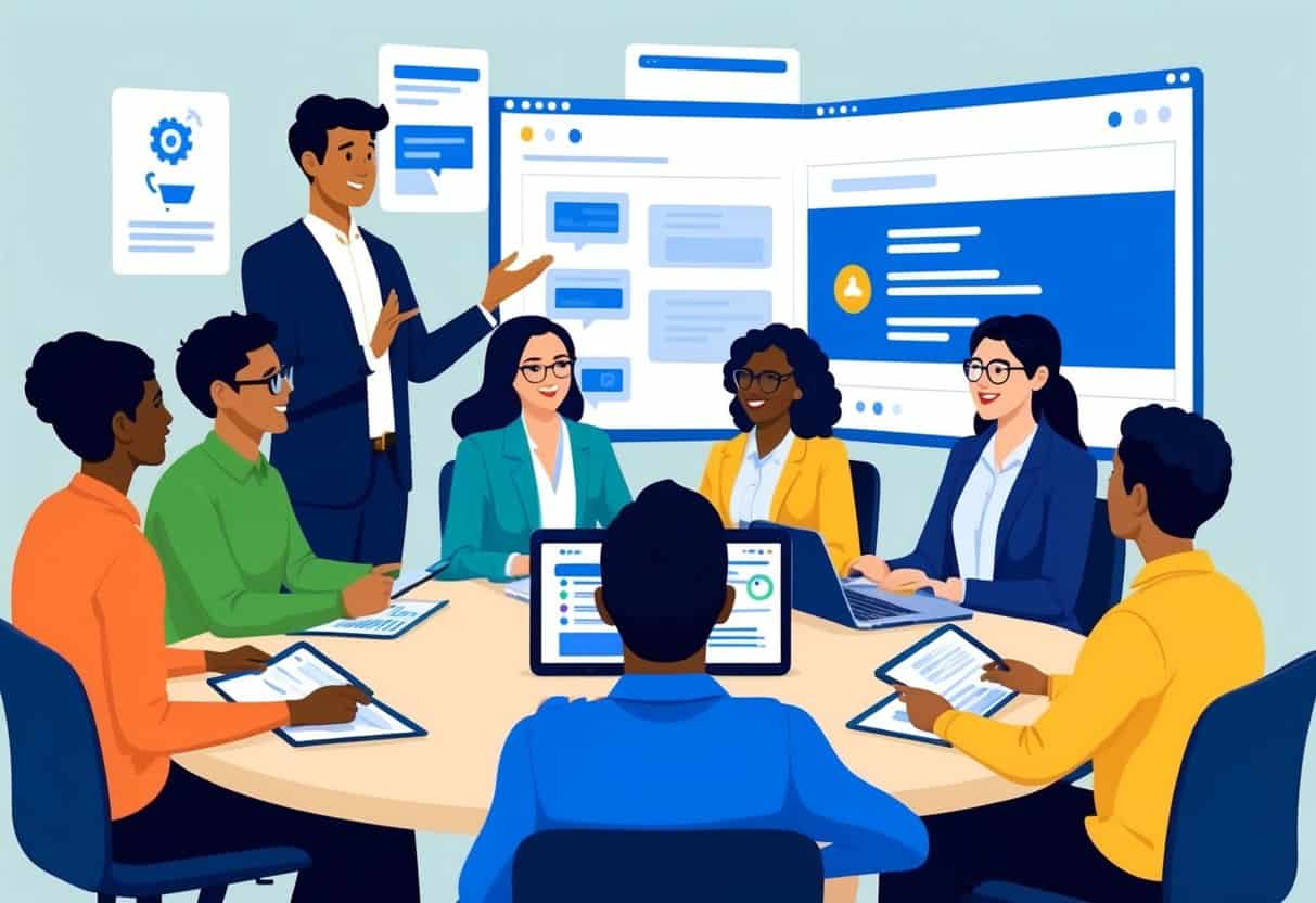 A group of diverse individuals engage in a training session on content moderation, led by an instructor in a professional setting