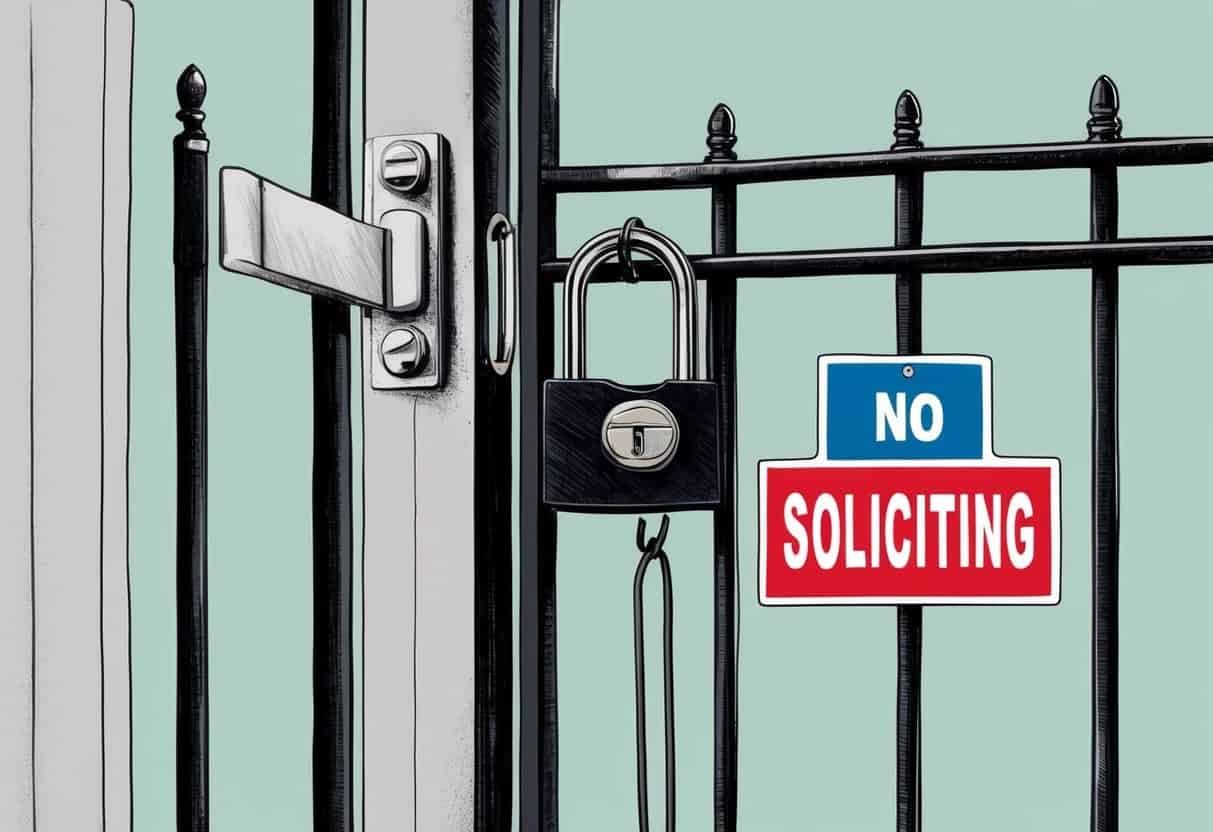 A sturdy lock on a gate with a "No Soliciting" sign