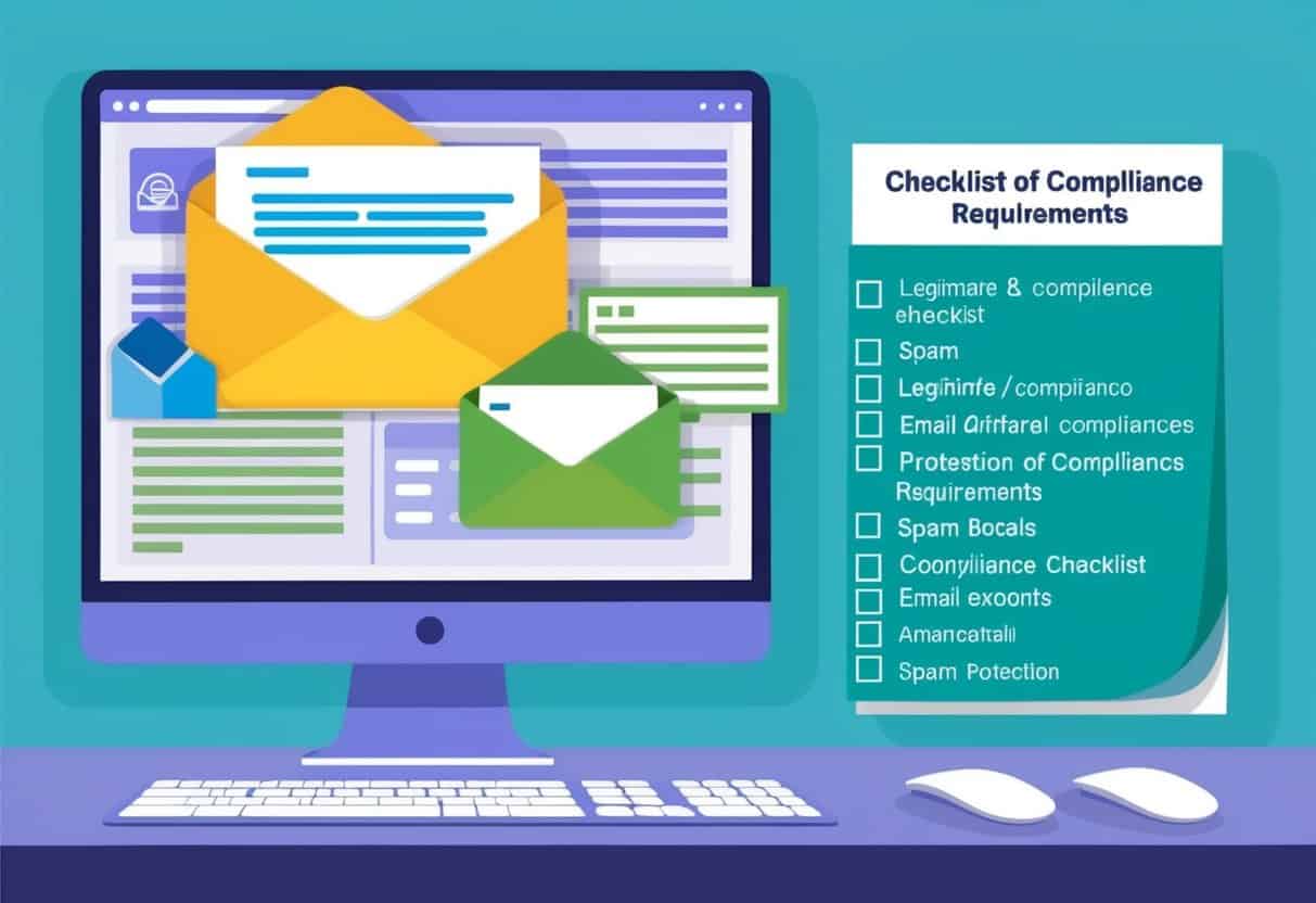 A computer screen showing an email inbox with a mix of legitimate and spam messages, while a checklist of compliance requirements is displayed on the side