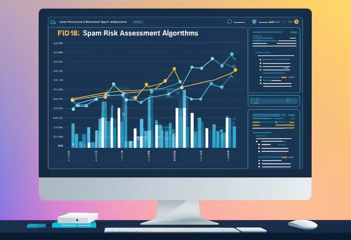A computer screen displaying a graph of spam risk assessment algorithms in action, with data points and lines indicating the technical aspects of spam detection