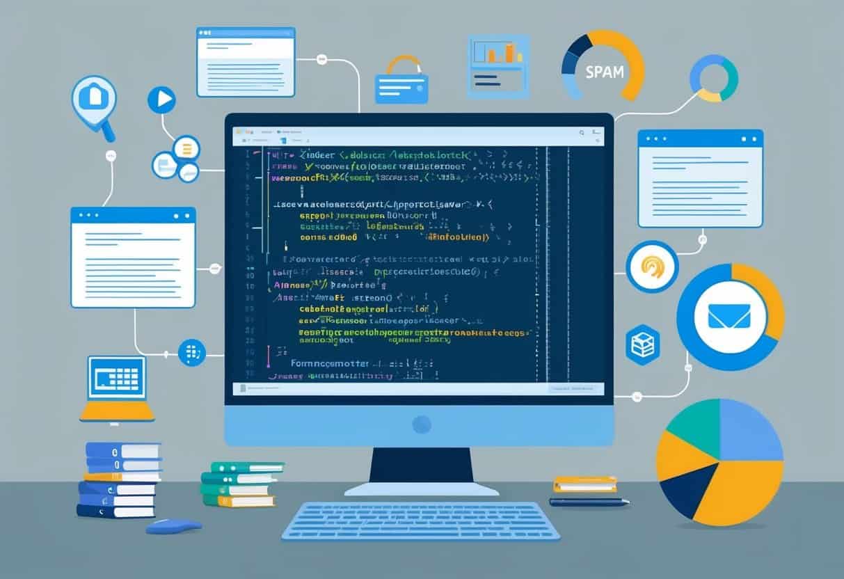 A computer screen displaying lines of code, surrounded by various analysis tools and software icons