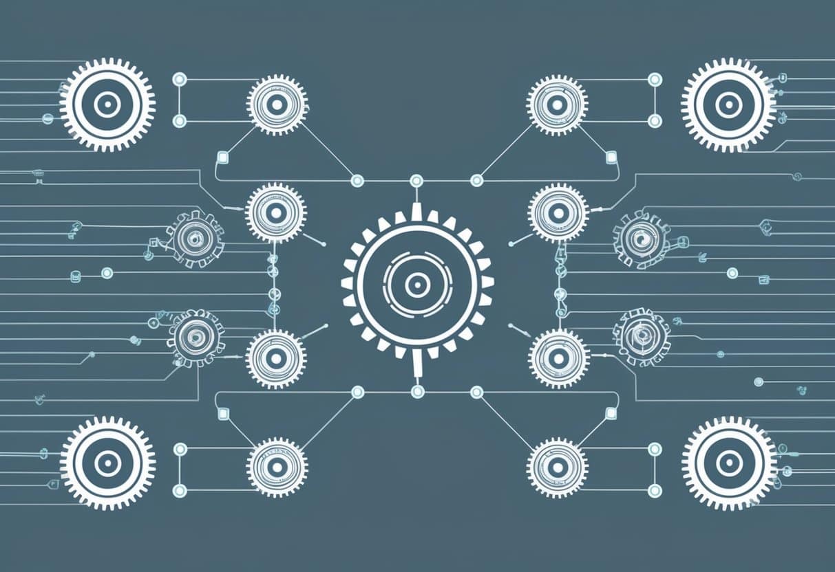A series of interconnected gears and cogs, each turning and spinning in precise synchronization, creating a seamless and efficient system for user engagement automation