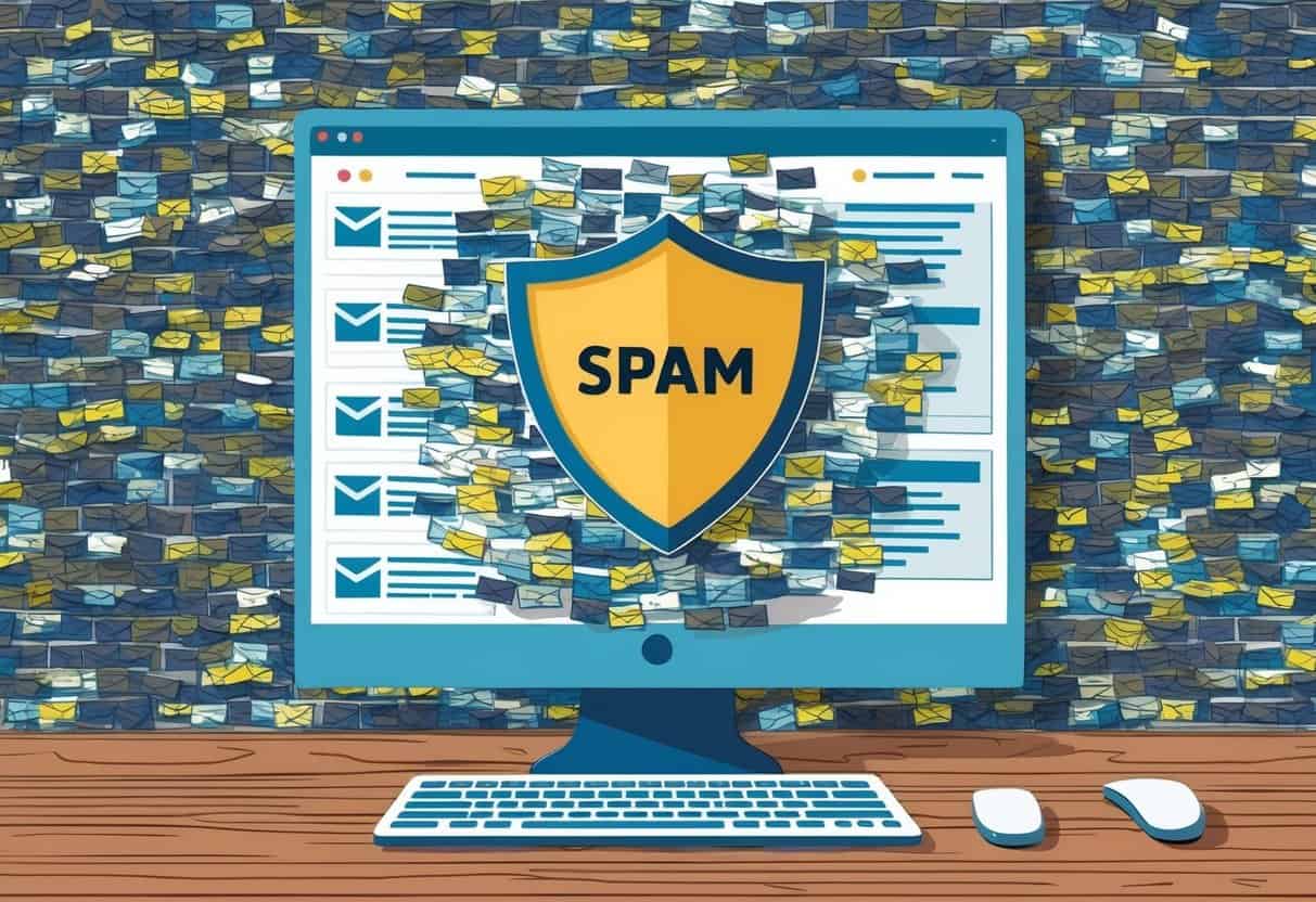 A computer screen with a shield surrounded by a wall of spam emails being blocked
