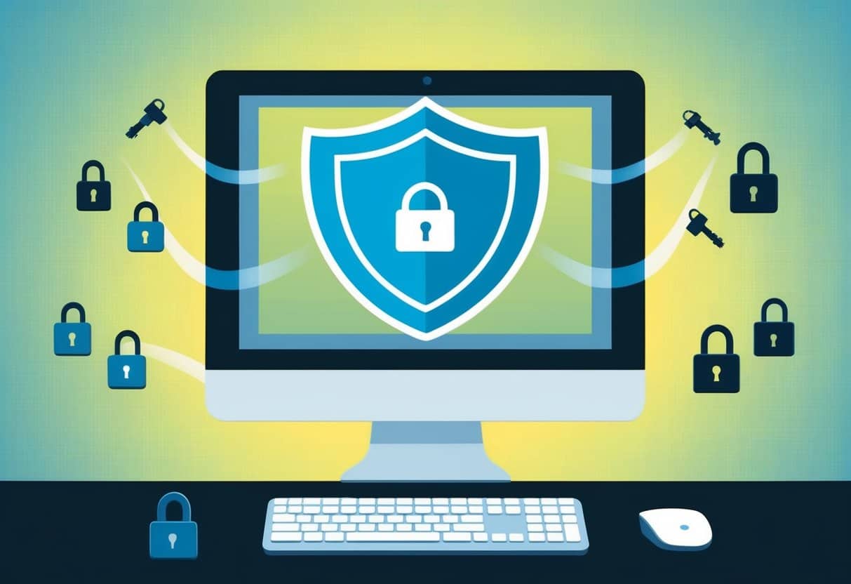 A computer monitor displaying a shield icon surrounded by a firewall, with a series of locks and keys floating around it