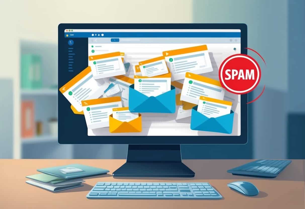 A computer screen displays an overflowing inbox with suspicious emails marked as spam. A red warning sign flashes in the corner