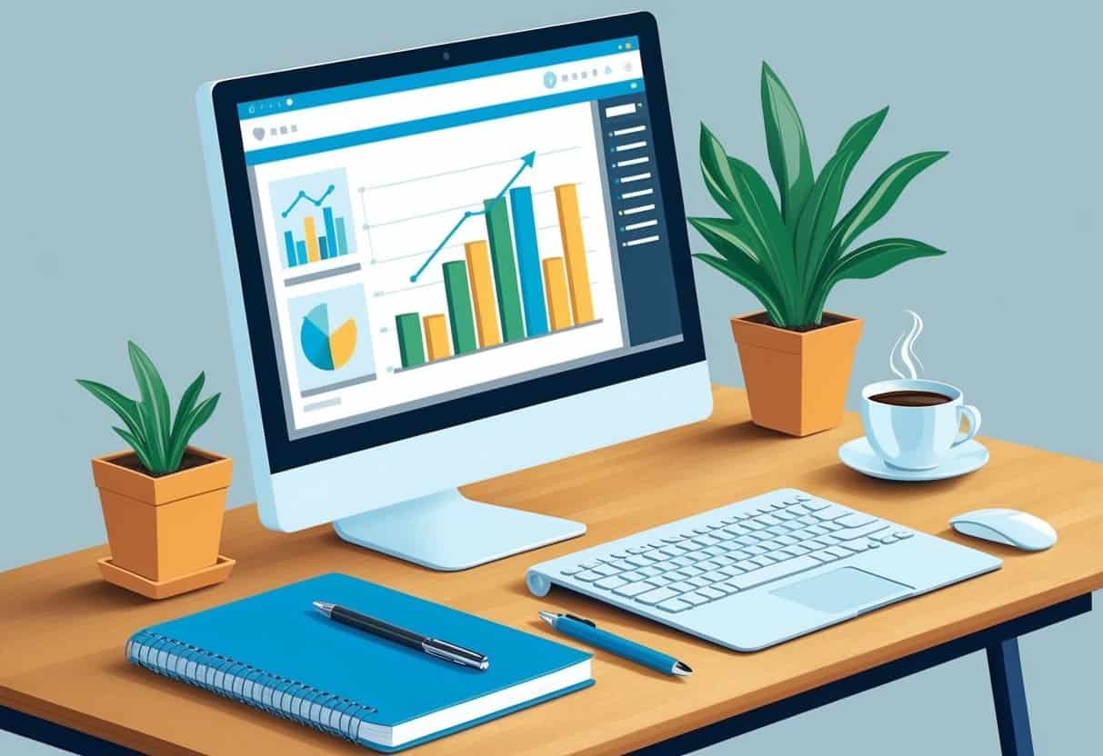 A desk with a computer, notebook, and pen. A graph and chart on the screen. A cup of coffee and a potted plant on the side