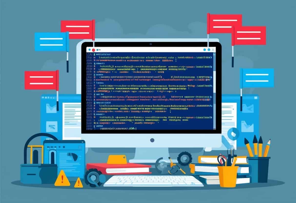 A computer screen displaying lines of code with red flags and warning symbols, surrounded by tools and equipment for analyzing malicious code