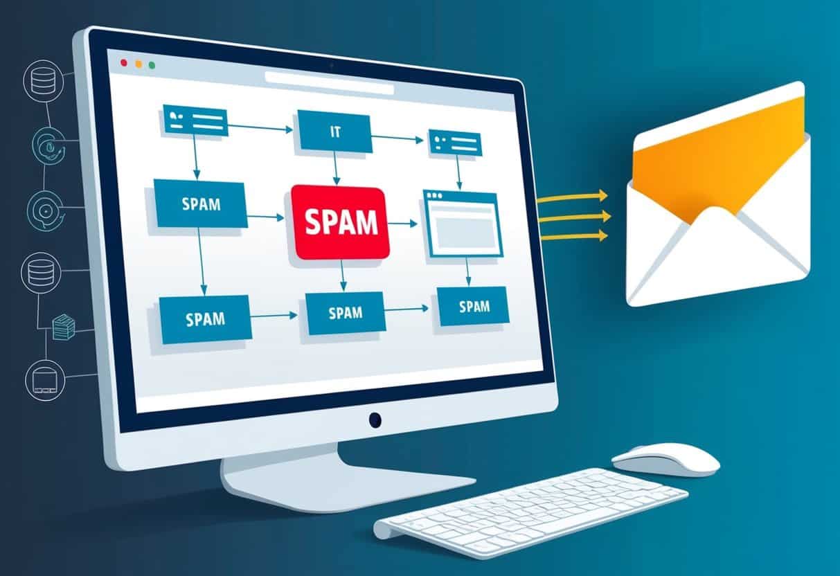 A computer monitor displaying a flowchart of data analysis leading to a red "spam" label on a suspicious email