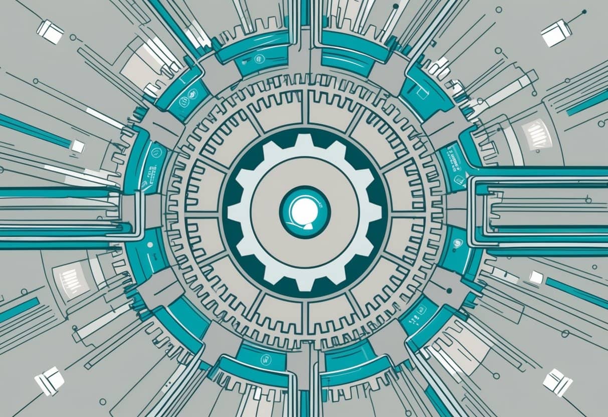 A series of interconnected gears and cogs turning, with digital touchpoints and pathways leading to a central hub