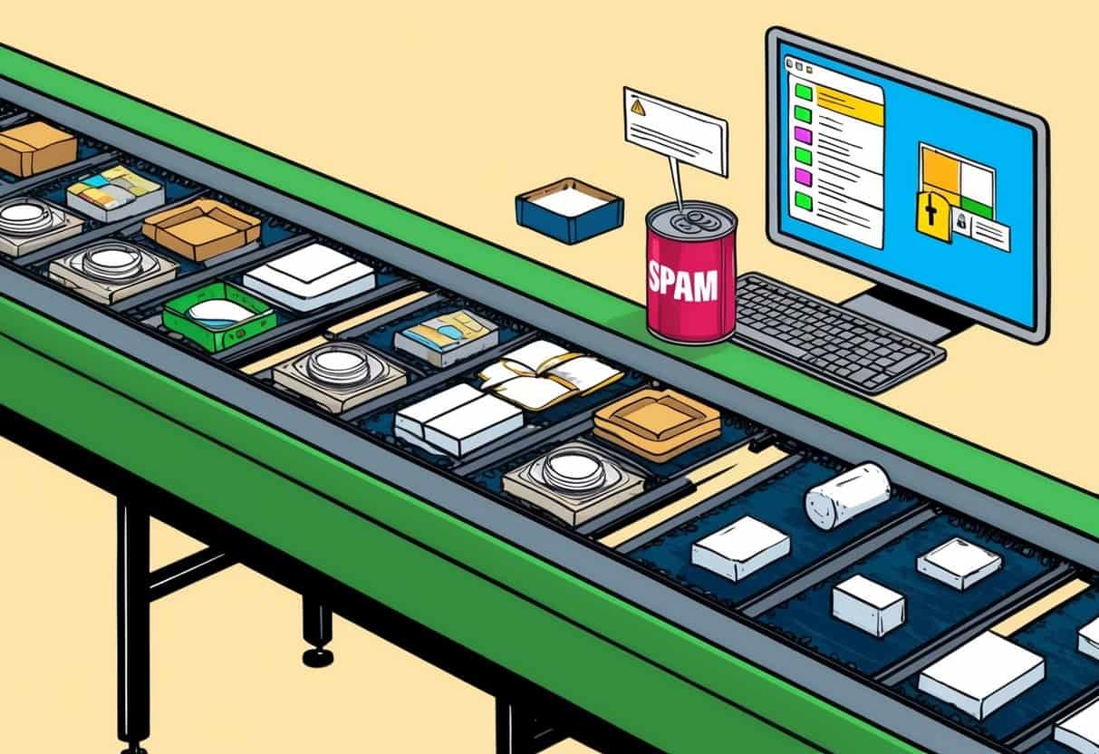 A conveyor belt sorting through various items, with a computer screen analyzing and flagging a suspicious can of spam
