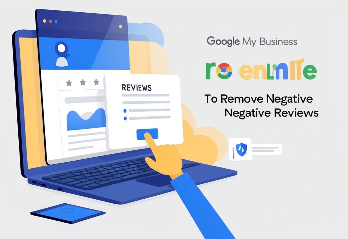 A person using a computer to access Google My Business and clicking on the option to remove negative reviews