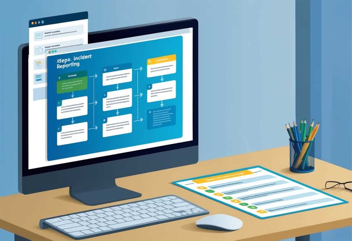 A computer screen displaying a series of steps for incident reporting, with a flowchart and checklist on the desk beside it