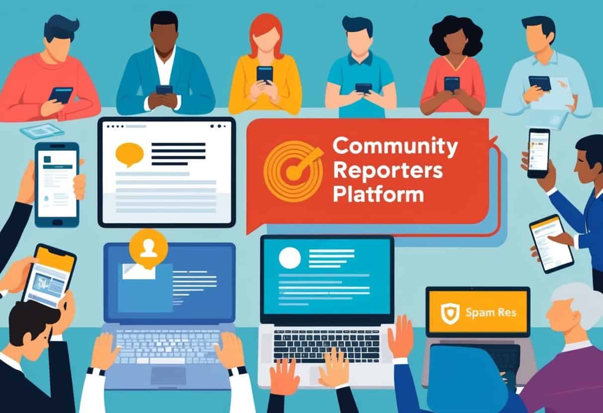 A group of diverse individuals using various devices to submit news and updates to the Community Reporters platform