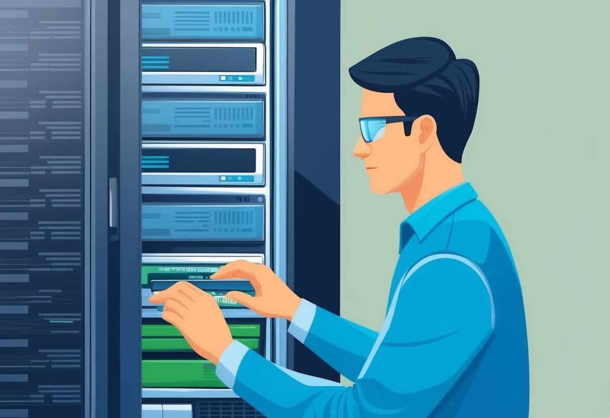 A technician performs routine maintenance on a computer server, using security software to prevent spam