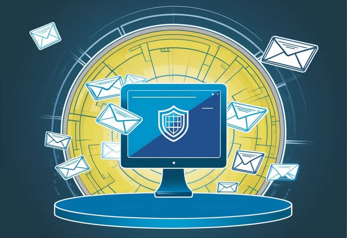 A shielded computer surrounded by a force field, with spam emails bouncing off