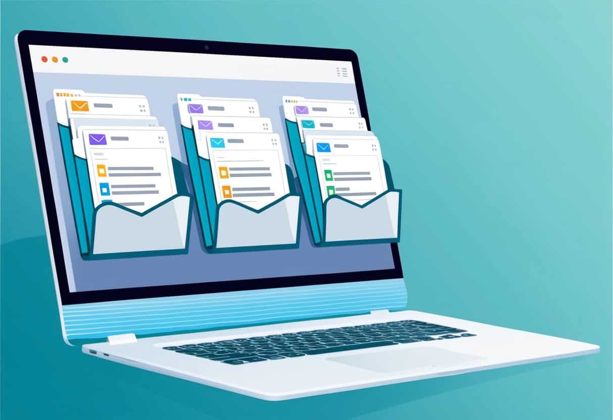 A computer screen displaying a series of incoming emails being sorted into different folders based on filtering criteria