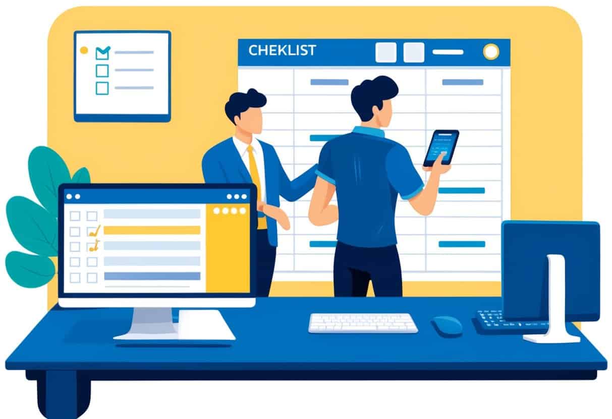 A desk with a checklist, computer, and phone. A person in the background coordinating with a team