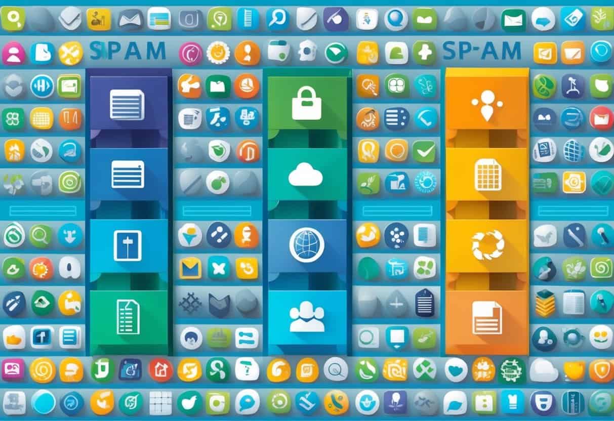 A group of diverse symbols and icons are being organized and filtered into separate categories by a set of virtual filters and barriers