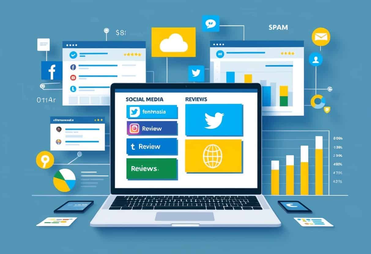 A laptop displaying various social media platforms and review websites, surrounded by charts and graphs showing online reputation data
