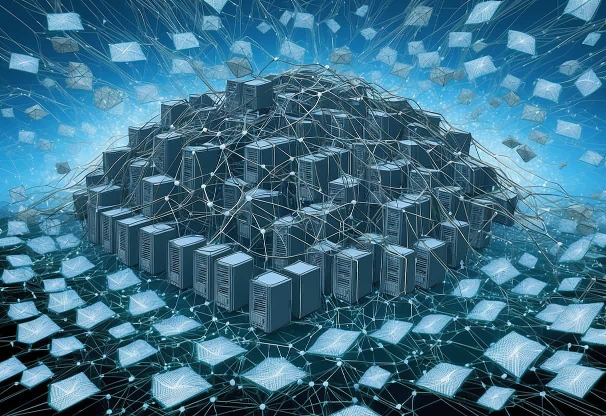 A tangled web of interconnected computer servers sends out countless unsolicited emails, creating a digital storm of unwanted messages