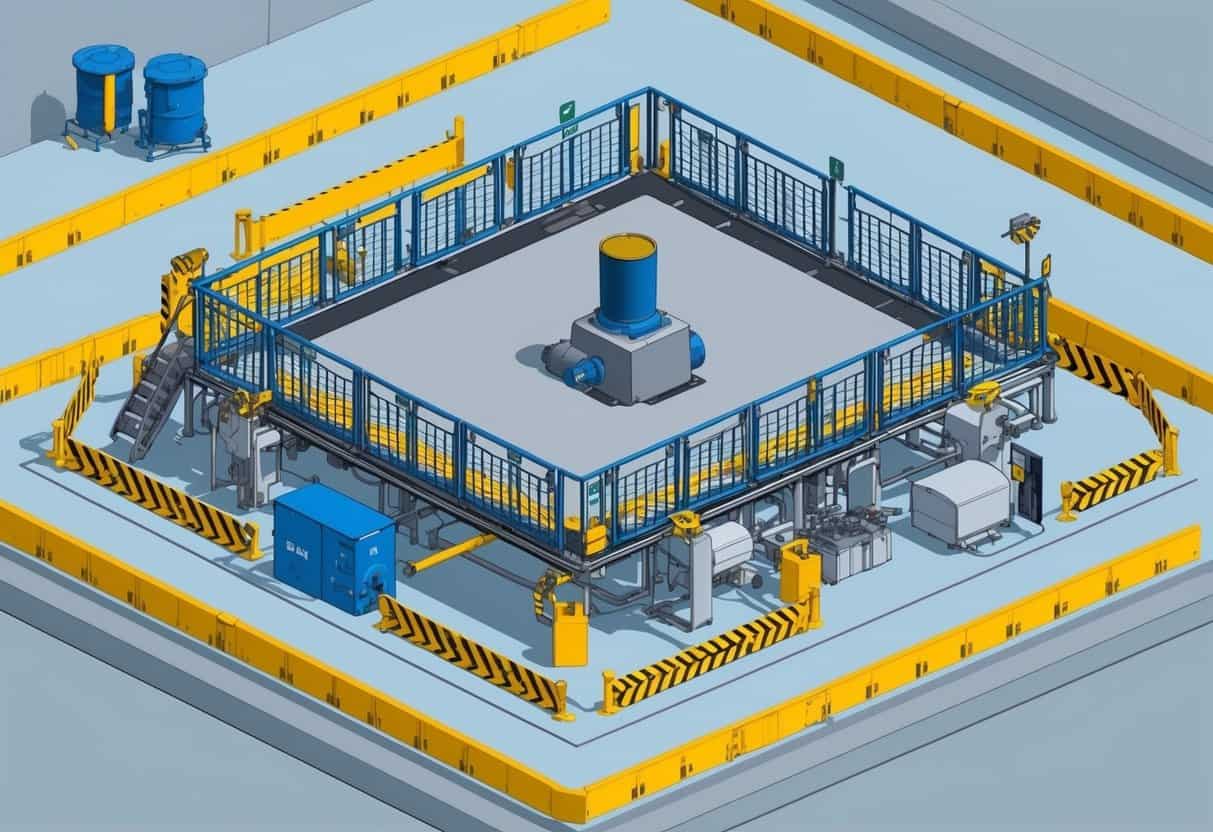 A platform surrounded by safety barriers and equipped with control measures