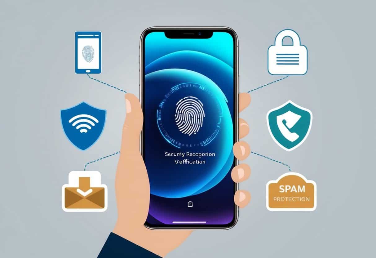 A smartphone displaying fingerprint, facial recognition, and security code verification