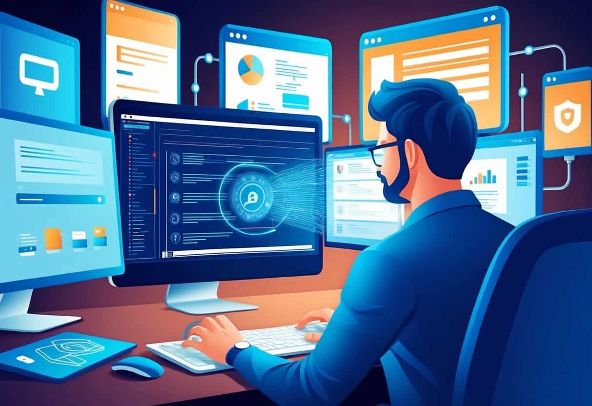 A person using a computer to scan for spam threats, surrounded by screens and technology