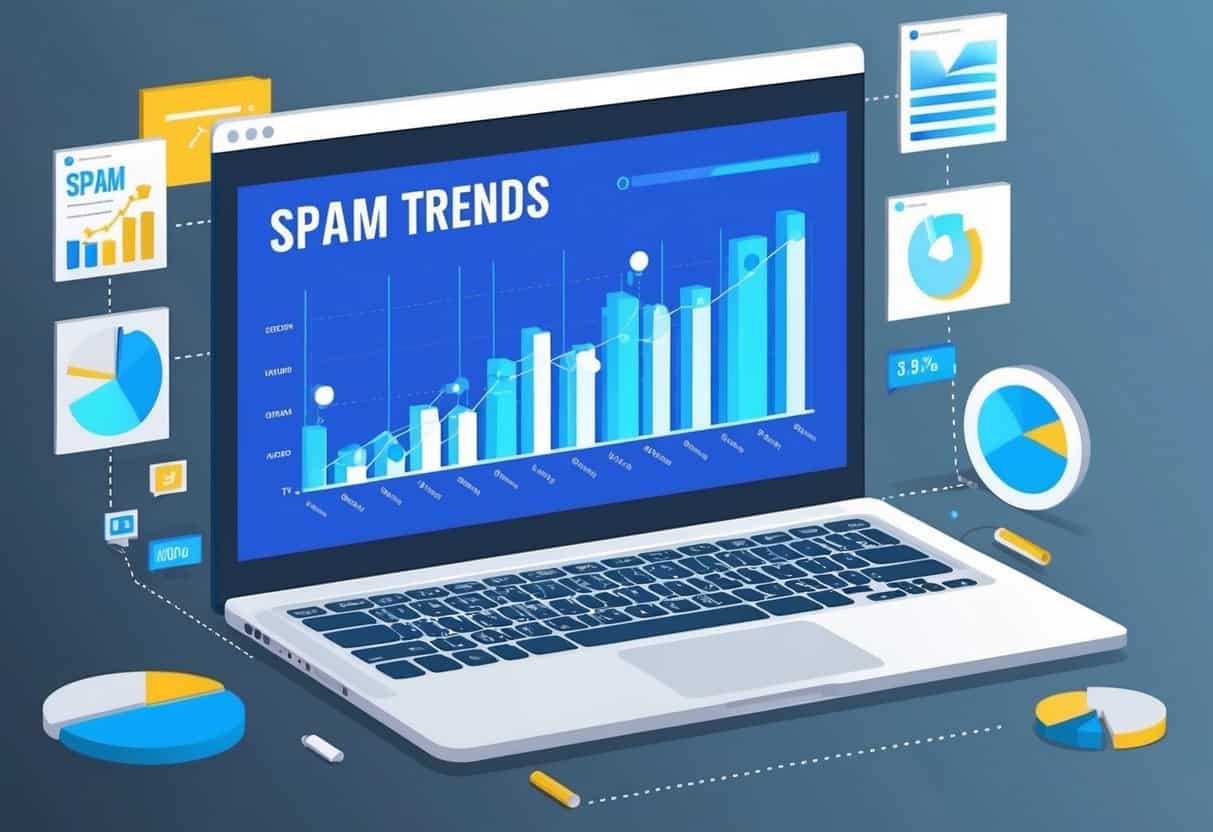 A computer screen displaying a graph of spam trends with various data points and analysis charts