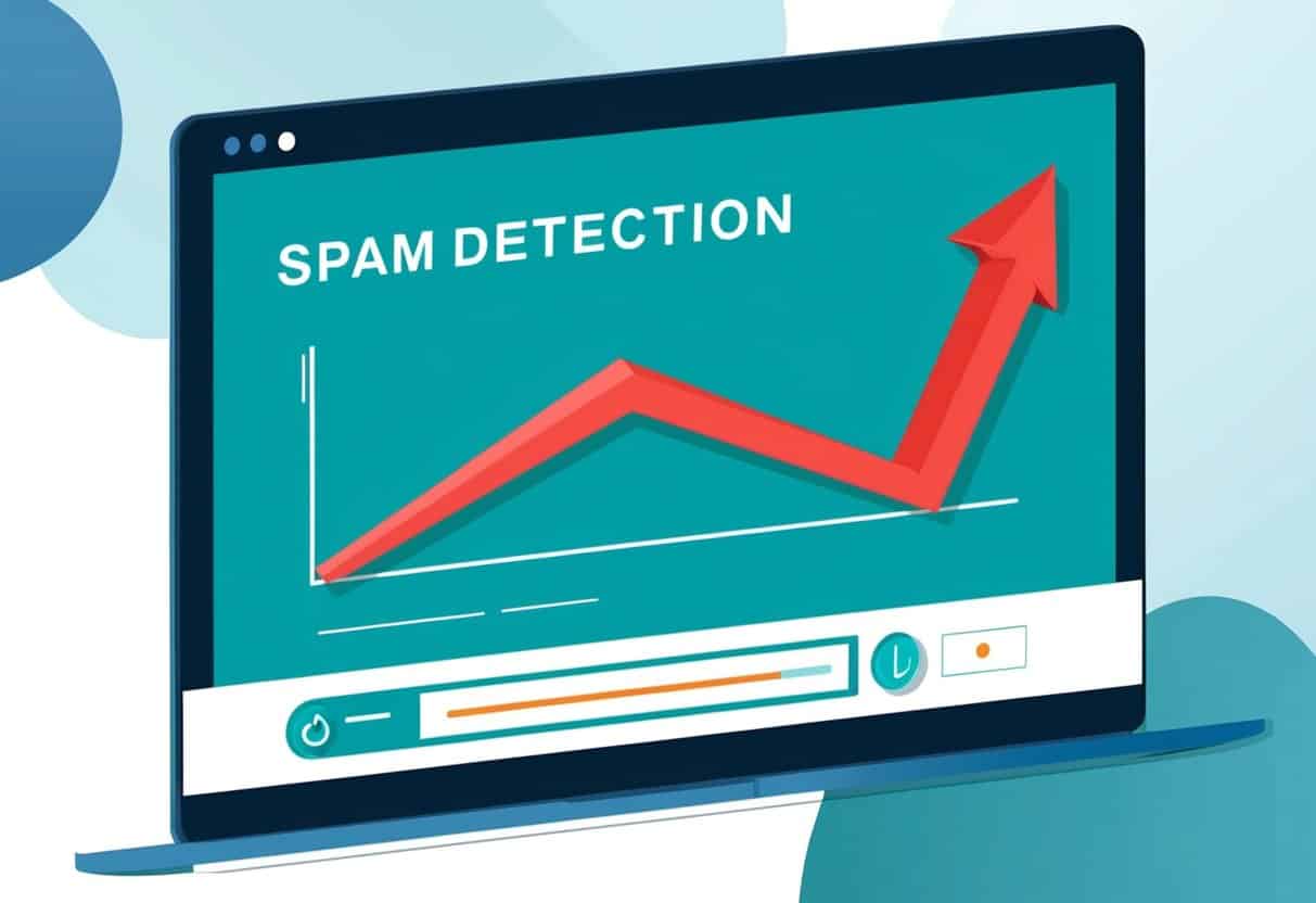 A computer screen displaying a graph of spam detection techniques with a red line plummeting downwards, indicating successful spam elimination