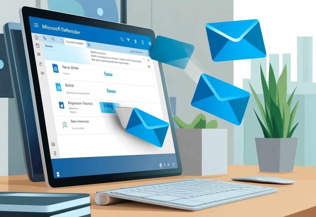 A computer screen displaying Microsoft Defender scanning and removing spam emails from an inbox
