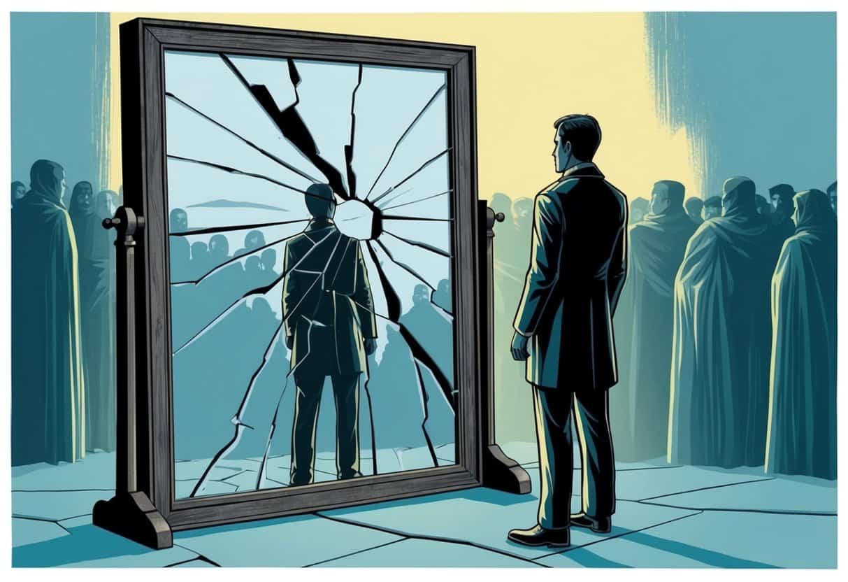 A figure standing in front of a large, cracked mirror, reflecting a distorted image. A crowd of shadowy figures watches from the background