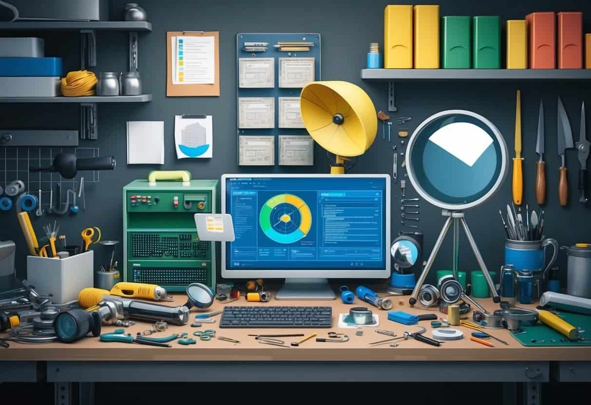 A cluttered workbench with various tools and computer equipment, including a radar dish and magnifying glass, representing spam detection technologies
