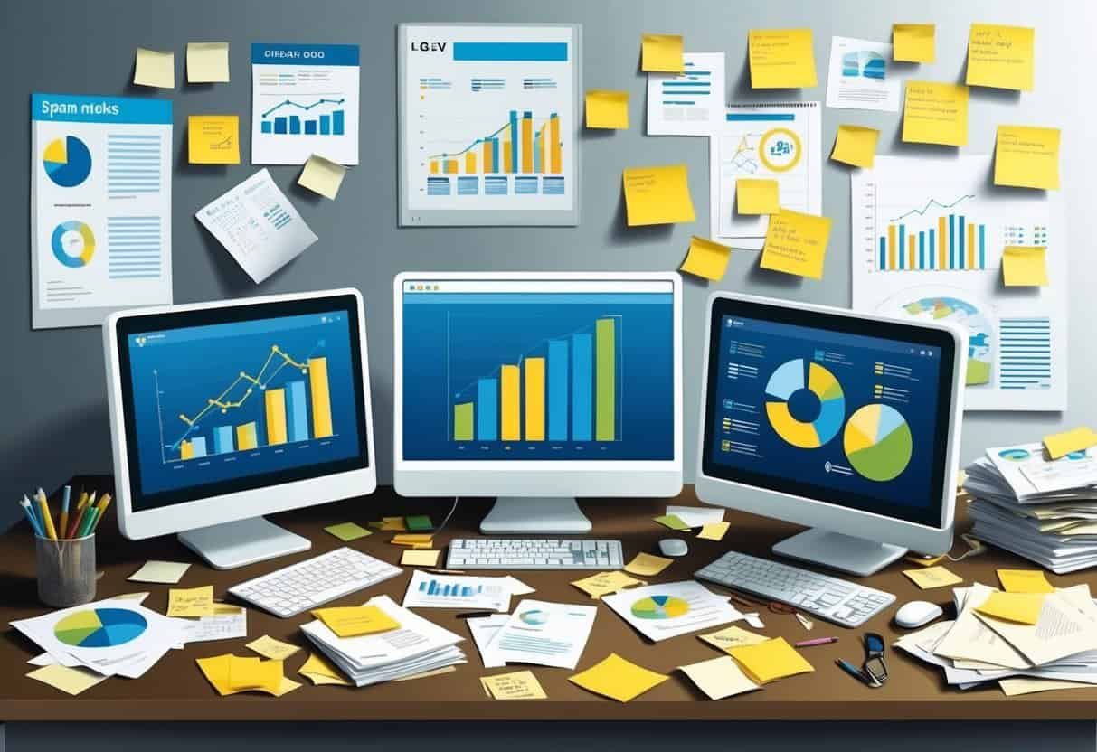 A cluttered desk with scattered papers, computer monitors displaying graphs and charts, and a wall covered with sticky notes and printouts