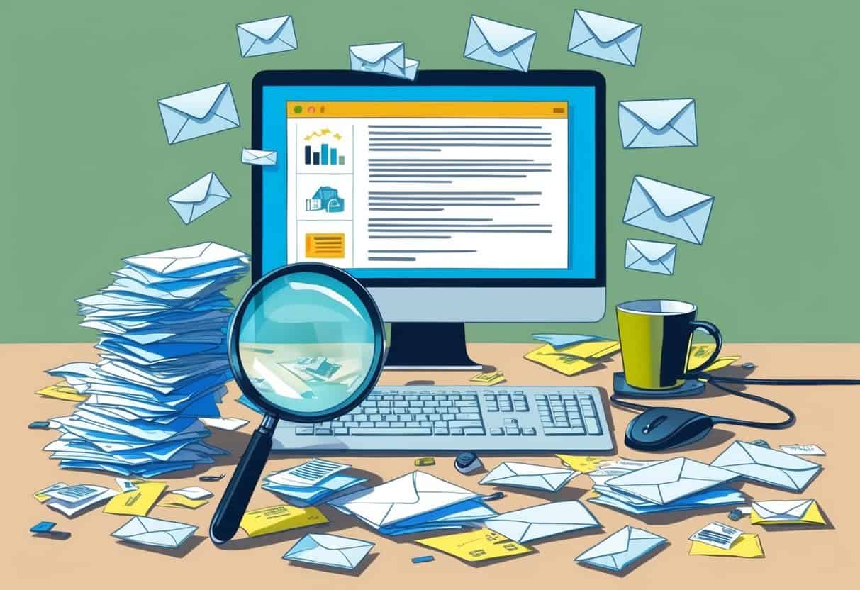 A cluttered desk with scattered emails, a magnifying glass, and a computer screen displaying suspicious messages