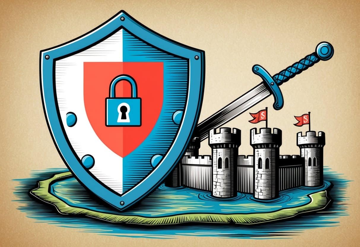 A shield with a lock, a sword with a spam icon, and a fortress surrounded by a moat