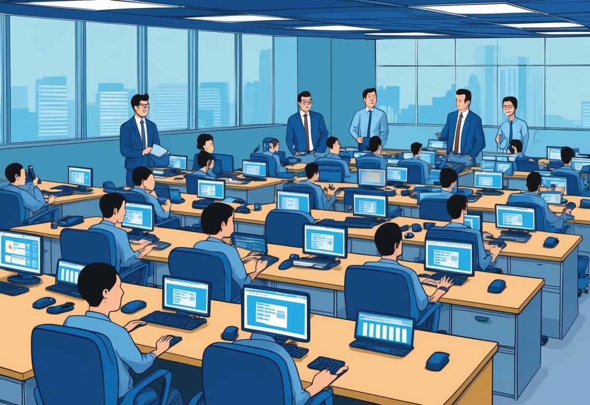 A busy call center with agents handling numerous customer service and escalation calls. Managers monitor the floor, strategizing how to address the influx of spam escalations