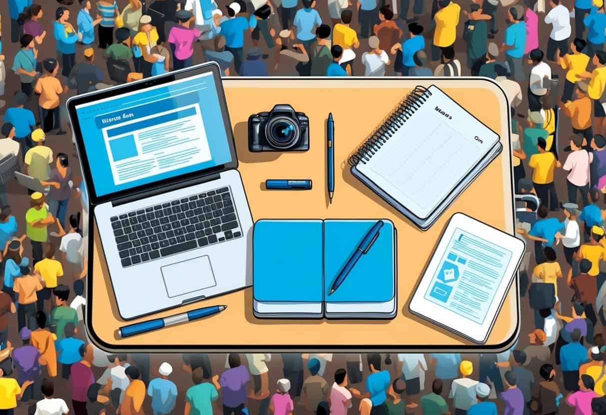 A table with a laptop, notebook, pen, and camera, surrounded by a bustling community event