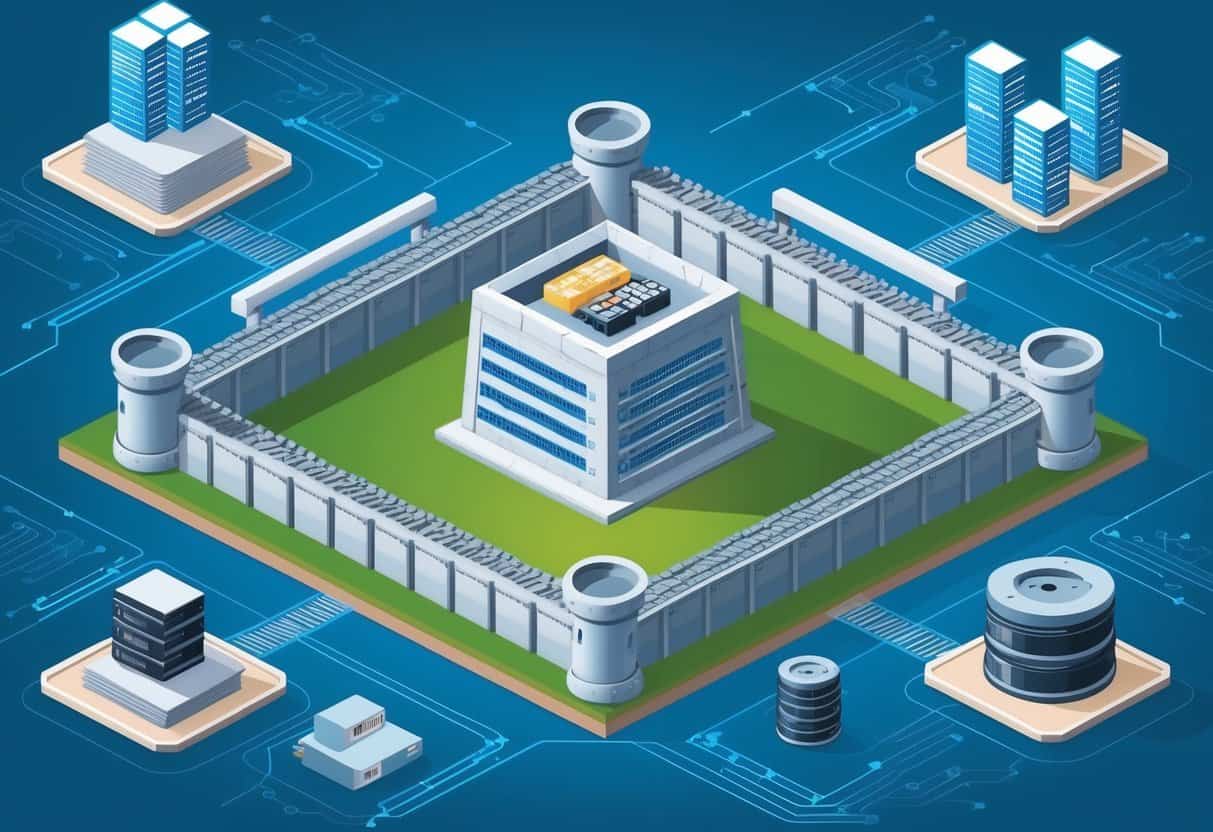 A shielded fortress surrounded by a network of barriers and security systems, with layers of encryption and firewalls protecting a central database