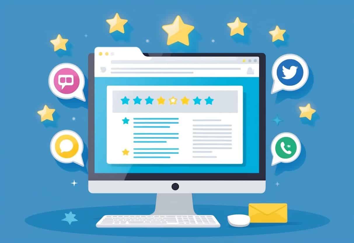 A computer screen displaying positive reviews and comments, surrounded by social media icons and glowing stars