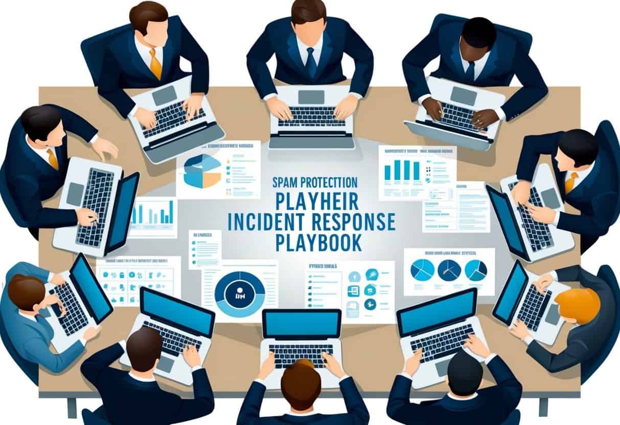 A team of professionals gather around a table, laptops open, discussing and strategizing their incident response playbook. Charts and diagrams are scattered across the table