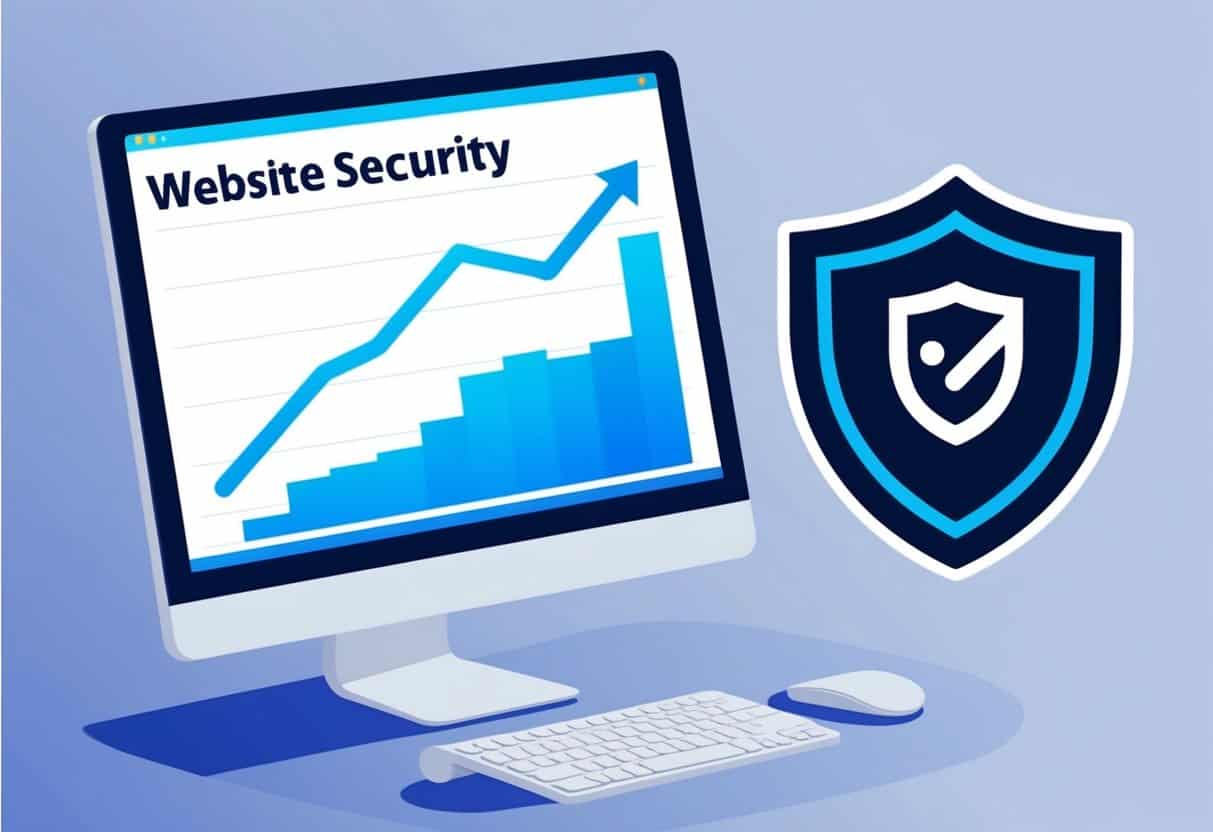 A computer screen displaying a graph with a line steadily rising, symbolizing improved website security performance, while a shield icon in the corner represents enhanced security strategies