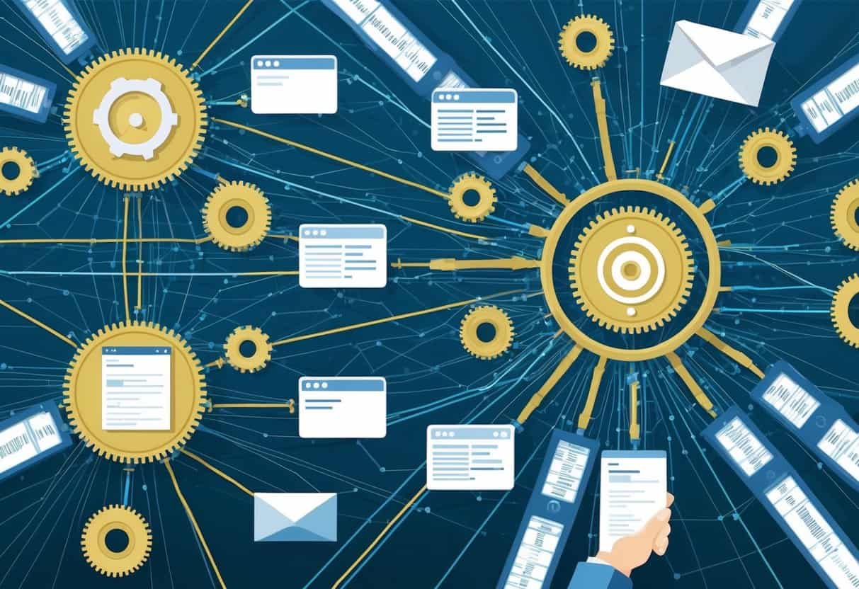 A complex web of interconnected gears and wires, with a series of filters sorting through a stream of data, separating legitimate messages from spam