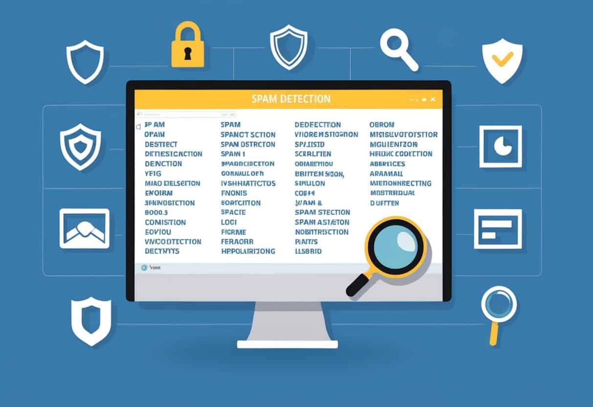 A computer screen displaying various spam detection methods in alphabetical order, surrounded by icons of lock, shield, and magnifying glass