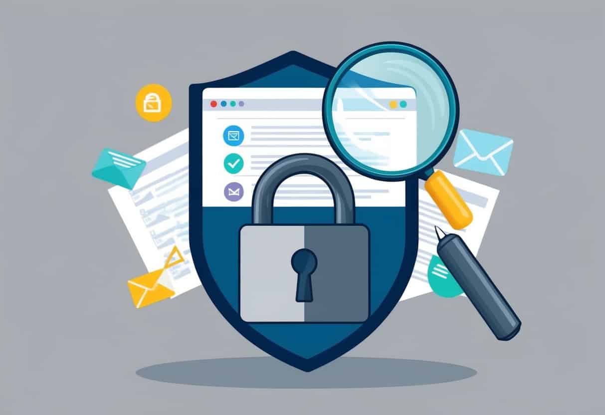 A padlock surrounded by a shield with a magnifying glass analyzing incoming spam emails