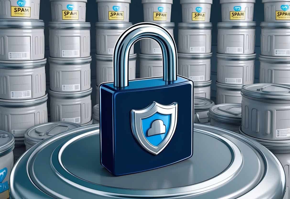 A locked padlock with a shield emblem, surrounded by a wall of spam cans